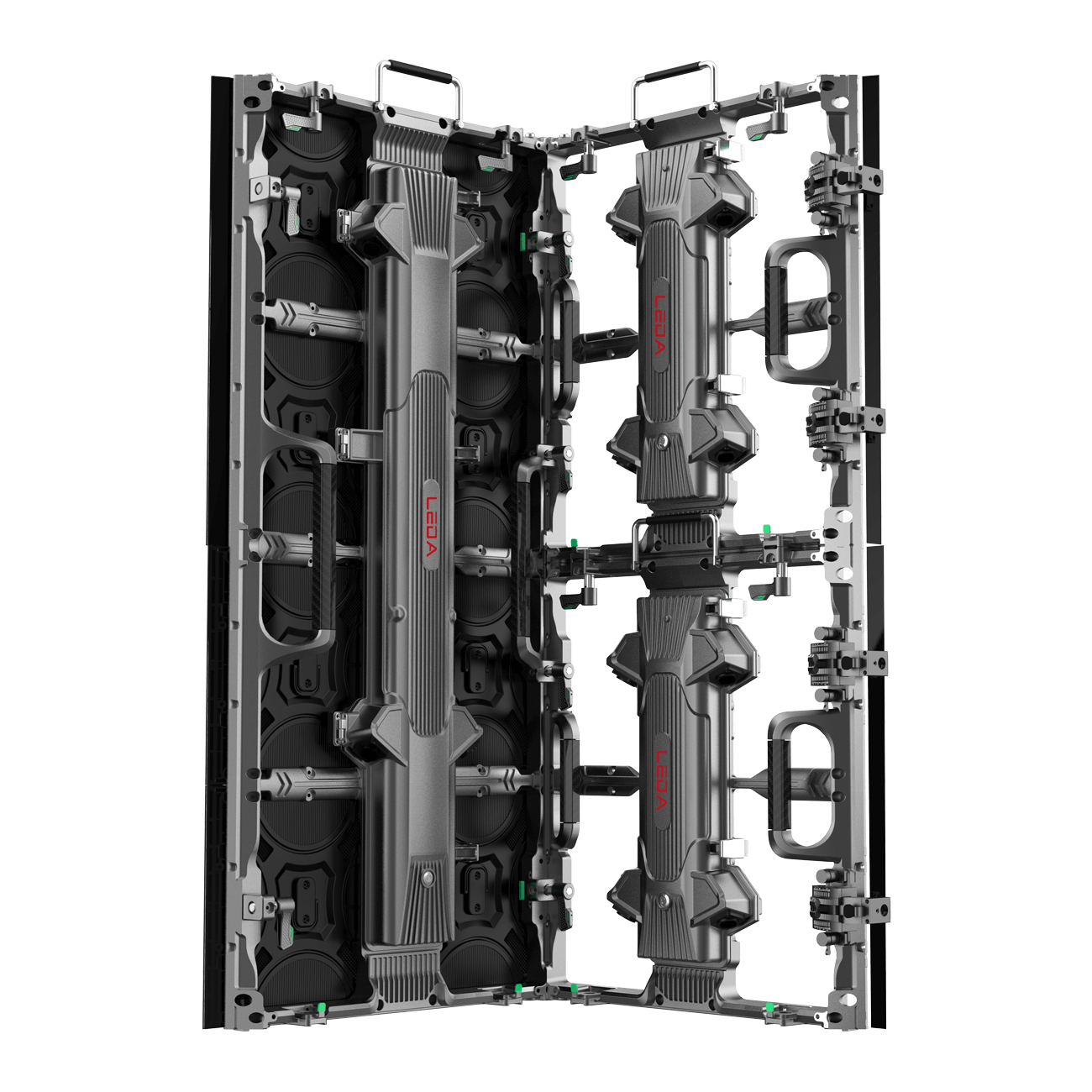 Different-sized rental LED display cabinets joined together, showcasing a modular design for rapid setup.