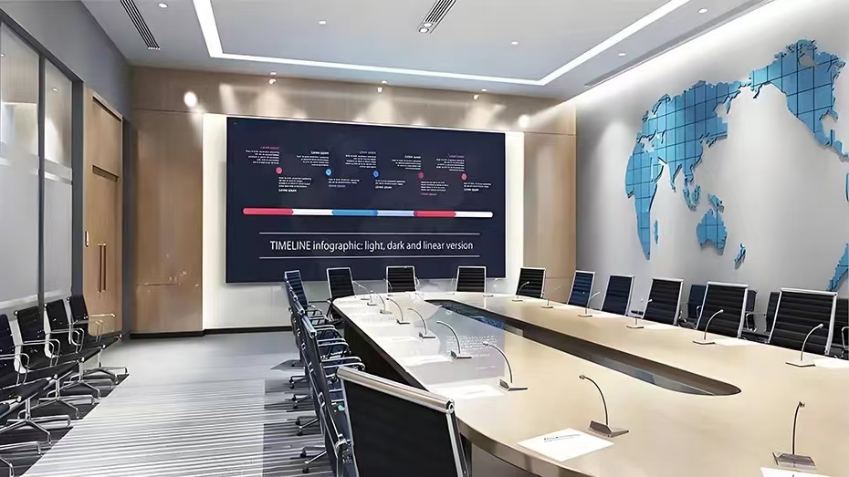 Ultra-thin indoor LED display installed in a modern corporate meeting room, showing business analysis and planning data.