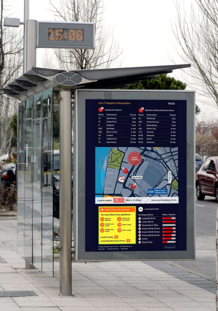 Outdoor LED display at bus station for advertising, public information, and emergency alerts