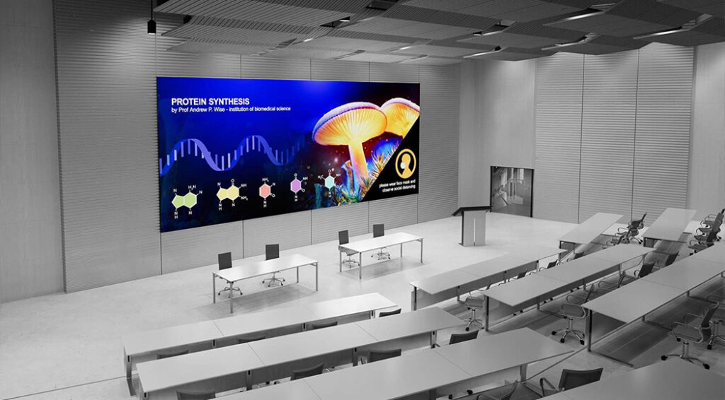 Ultra-thin LED display in a university conference hall, enabling efficient presentation of meeting content